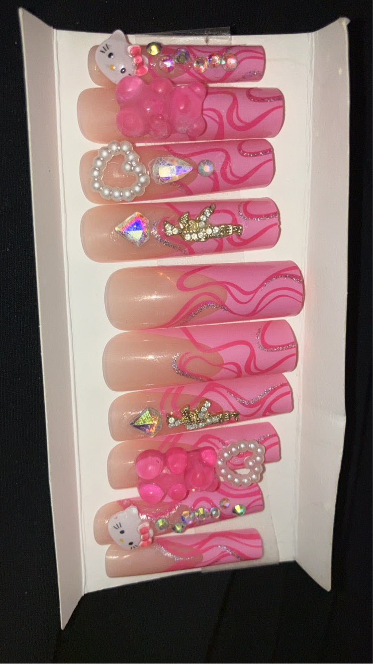 Pink kitty press on nails!!